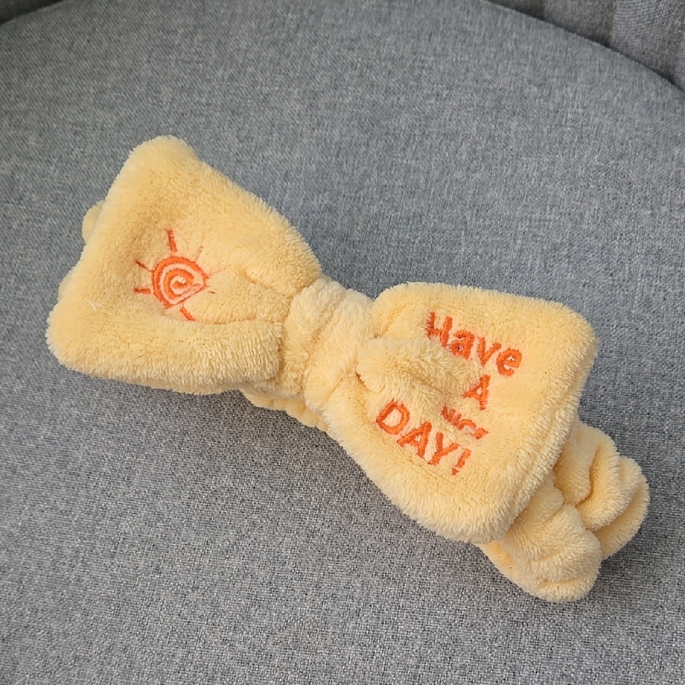 Yellow Plush Headband with Embroidered "Have A Nice Day" :), NWT
